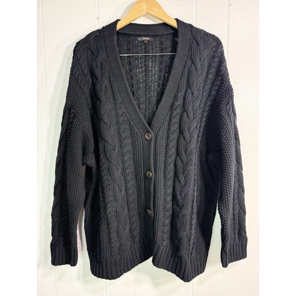 Quince Women’s M Cable Knit Cardigan Black Oversized Long Sleeve Sweater - Picture 1 of 6